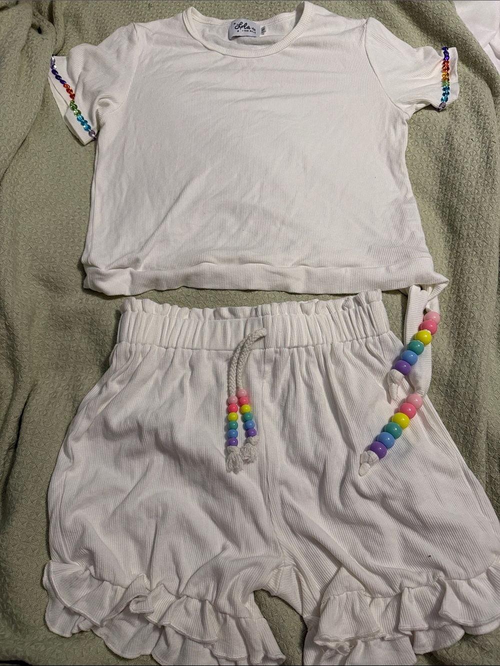 Lola + The Boys Cream Ribbed Two-Piece Set with Rainbow Beads